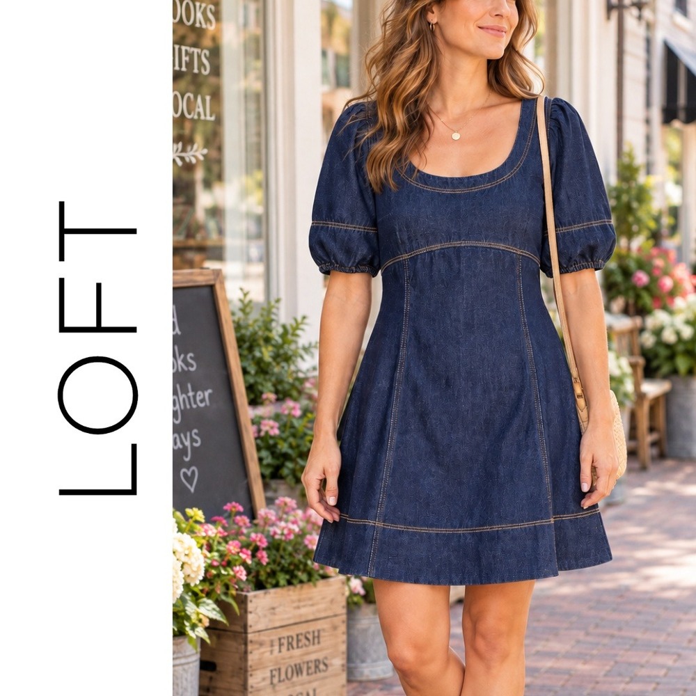 LOFT, Denim Puff Sleeve Empire Waist Dark Wash Dress Milkmaid 756225 Size 10